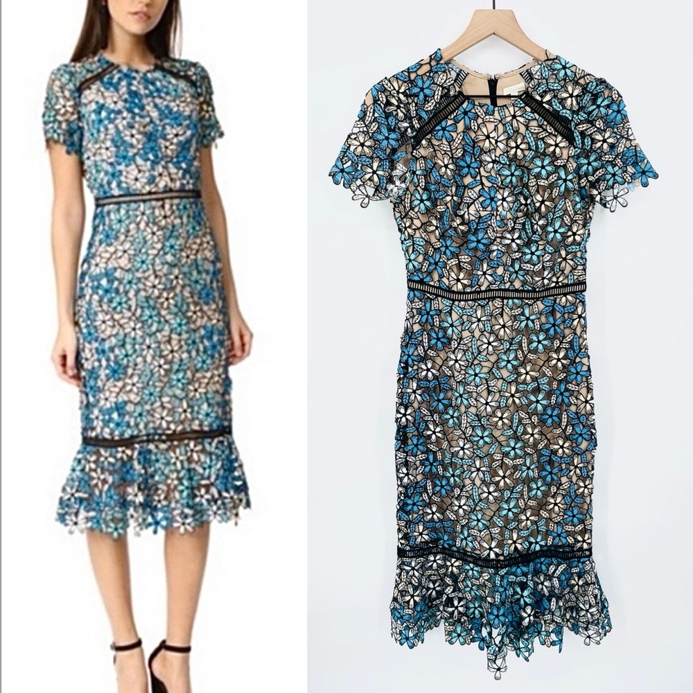 Shoshanna Lace Overlay Dress Cocktail Wedding Guest Dress Blue Size 4